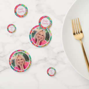 Hot Pink Orange Floral Birthday Photo Confetti