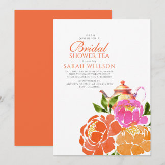 Hot Pink Orange Floral Bridal Shower Tea Invitation