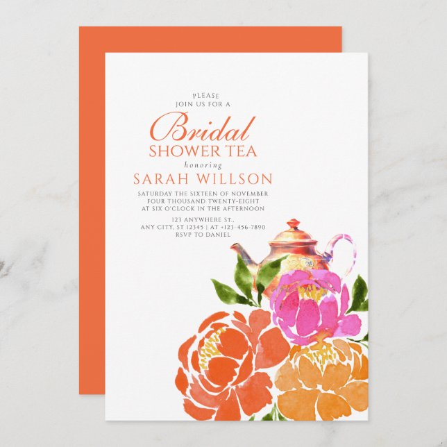 Hot Pink Orange Floral Bridal Shower Tea Invitation (Front/Back)