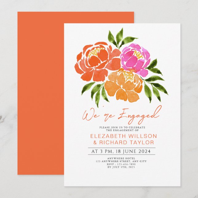 Hot Pink Orange Floral Engagement Party Invitation (Front/Back)
