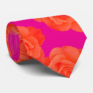 Hot Pink Orange Floral Rose Vintage Colorful Tie