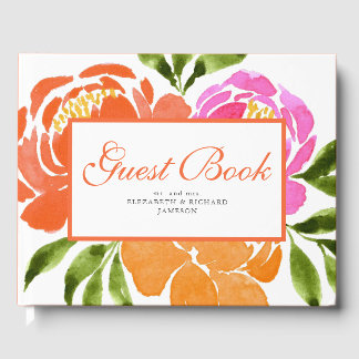 Hot Pink Orange Floral Summer Wedding Guest Book