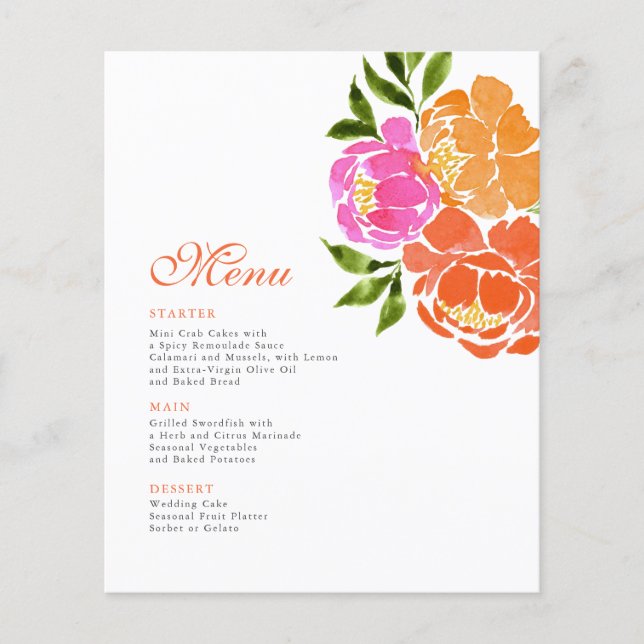Hot Pink Orange Floral Wedding Menu (Front)