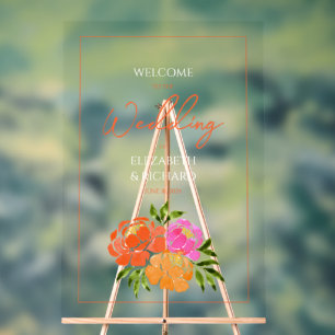  Hot Pink Orange Floral  Wedding Welcome Acrylic Sign