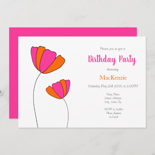 Hot Pink Orange Flowers Invitation (Front/Back)