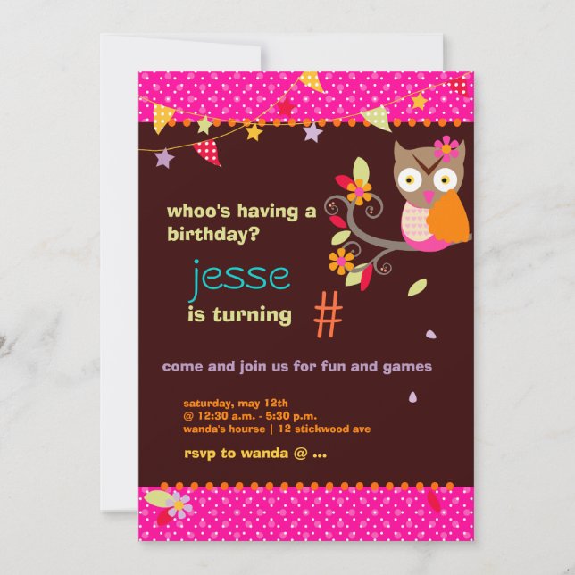 Hot Pink/Orange Owl/DIY colour... Birthday Party Invitation (Front)