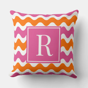 Hot Pink & Orange Preppy Ric Rac Stripe Monogram  Cushion