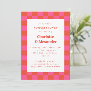 Hot Pink Orange Retro Chequerboard Couples Shower Invitation