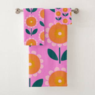 Hot Pink Orange Retro Floral Bold Bathroom Bath Towel Set