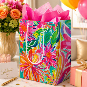 Hot Pink Orange Tropical Watercolor Flowers  Medium Gift Bag