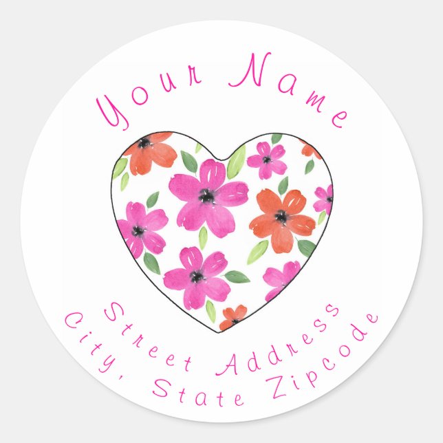 Hot Pink Orange Watercolor Floral Heart Label (Front)