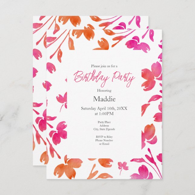 Hot Pink & Orange Watercolor Flower Stems   Invitation (Front/Back)