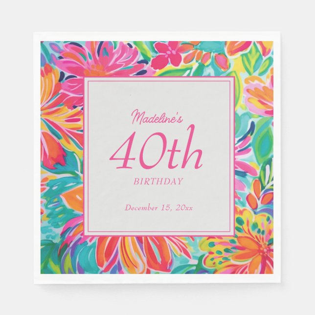 Hot Pink Orange Watercolor Flowers 40th Birthday Napkin (Front)