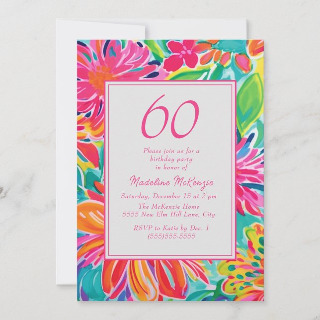 Hot Pink Orange Watercolor Flowers 60th Birthday Invitation (Front)