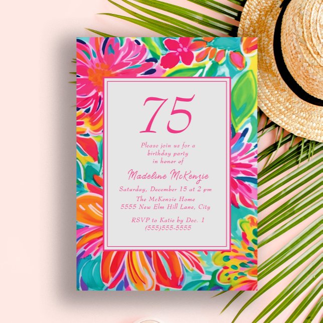 Hot Pink Orange Watercolor Flowers 75th Birthday Invitation (Hot pink and orange tropical leaves women's 75th birthday party invitation)