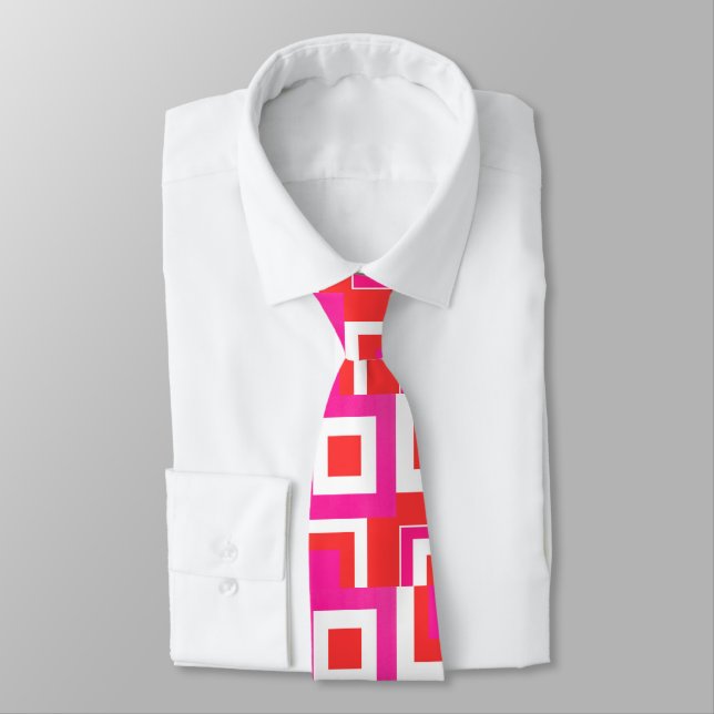 Hot Pink Orange White Colour Block Pattern Tie (Tied)