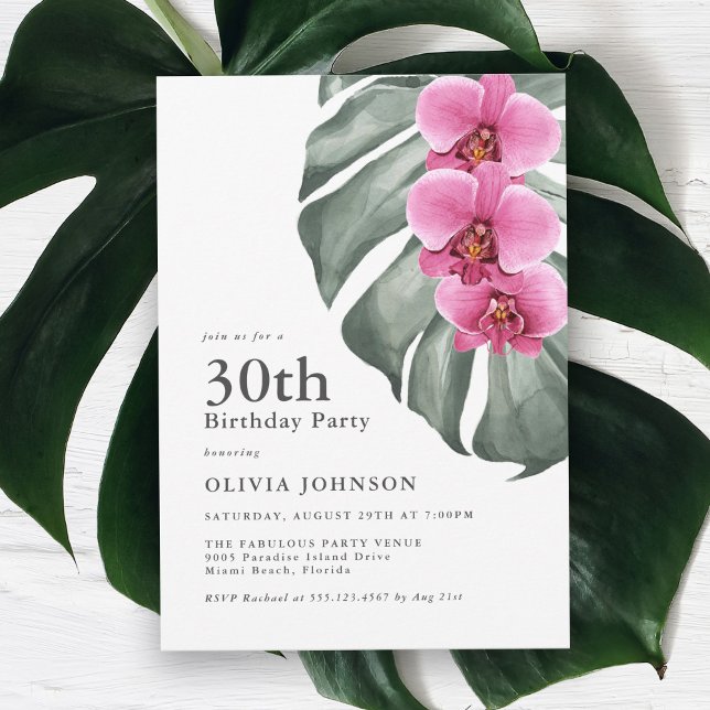 Hot Pink Orchids on Monstera 30th Birthday Party Invitation (Creator Uploaded)