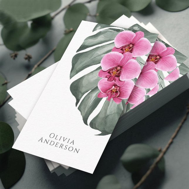 Hot Pink Orchids on Monstera Tropical Botanical Business Card (Creator Uploaded)