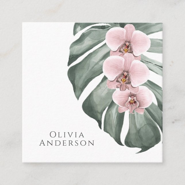 Hot Pink Orchids on Monstera Tropical Botanical Square Business Card (Front)