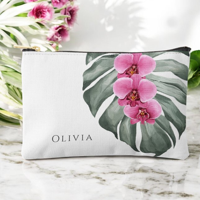 Hot Pink Orchids on Monstera Tropical Floral  Accessory Pouch (Personalize with your name.)