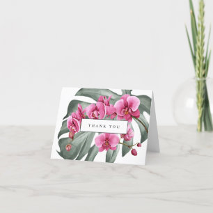 Hot Pink Orchids on Monstera Tropical Thank You Card