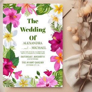 Hot Pink Orchids on Monstera Tropical Wedding Invitation
