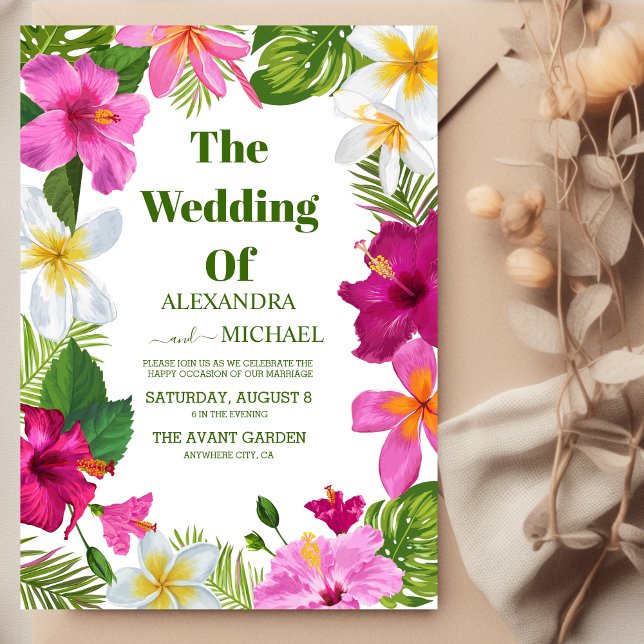 Hot Pink Orchids on Monstera Tropical Wedding Invitation (Creator Uploaded)