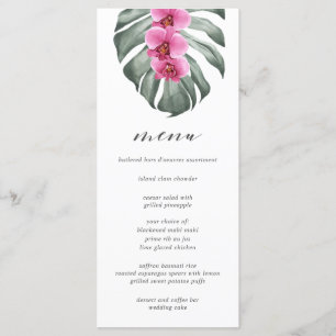 Hot Pink Orchids on Monstera Tropical Wedding Menu