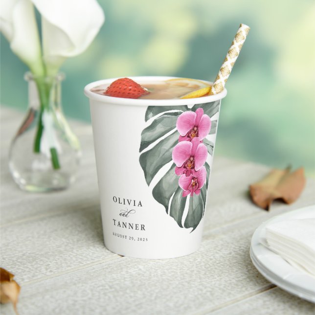 Hot Pink Orchids on Monstera Tropical Wedding Paper Cups (Insitu)