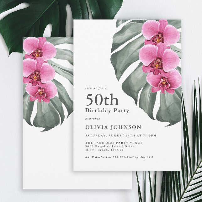 Hot Pink Orchids Tropical 50th Birthday Party Invitation (Creator Uploaded)