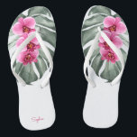 Hot Pink Orchids Tropical Floral with Your Name Jandals<br><div class="desc">Make a feminine fashion statement in this lush tropical design featuring hot pink - fuchsia orchids and a beautiful Monstera leaf in vibrant watercolors. The design is both simple and elegant with a trendy look energised by the tropical botanical elements. Personalise the text template on the left flipflop with your...</div>