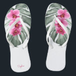 Hot Pink Orchids Tropical Floral with Your Name Jandals<br><div class="desc">Make a feminine fashion statement in this lush tropical design featuring hot pink - fuchsia orchids and a beautiful Monstera leaf in vibrant watercolors. The design is both simple and elegant with a trendy look energised by the tropical botanical elements. Personalise the text template on the left flipflop with your...</div>