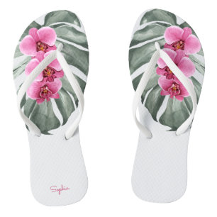 Hot Pink Orchids Tropical Floral with Your Name Jandals
