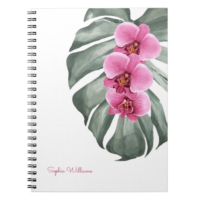 Hot Pink Orchids Tropical Floral with Your Name Notebook (Front)