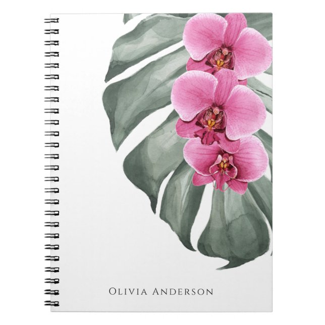 Hot Pink Orchids Tropical Watercolor Floral Notebook (Front)