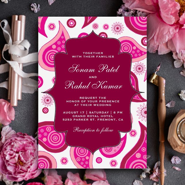 Hot Pink Paisley Pattern Indian Wedding Invitation (Creator Uploaded)