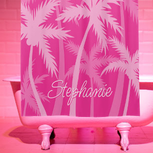 Hot Pink Palm Tree Magenta Fuchsia Monogrammed Shower Curtain