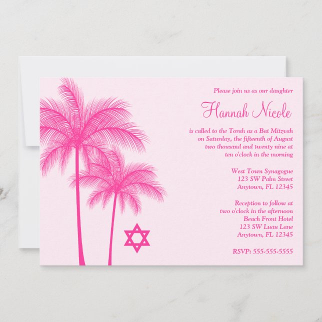 Hot Pink Palm Tree Tropical Bat Mitzvah Invitation (Front)