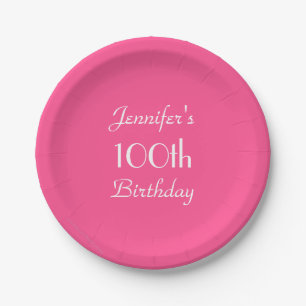 Hot Pink Paper Plates, 100th Birthday Party Plate