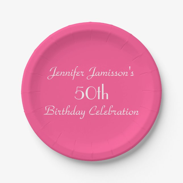 Hot Pink Paper Plates, 50th Birthday Party Plate (Front)