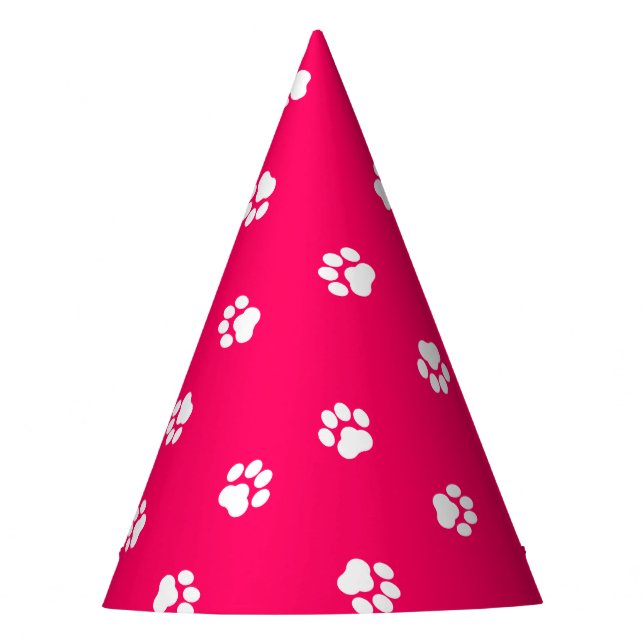 Hot Pink Party Hat with White Paw Prints (Front)