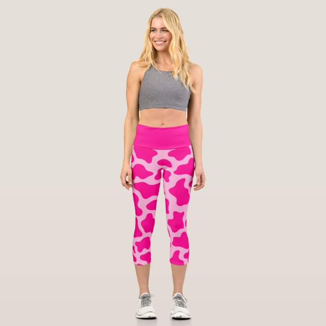 hot pink pastel cow print  capri leggings (Front)