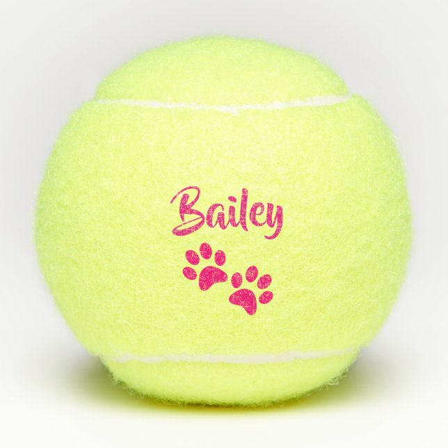 Hot Pink PawPrint Personalised Pet or Dog Name Toy Tennis Balls (Front)
