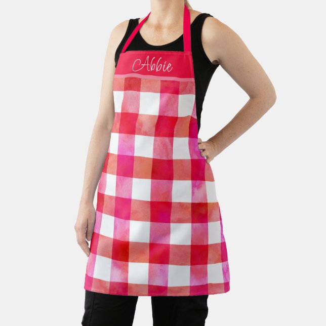 Hot Pink Peach Watercolor Plaid Apron (Insitu)