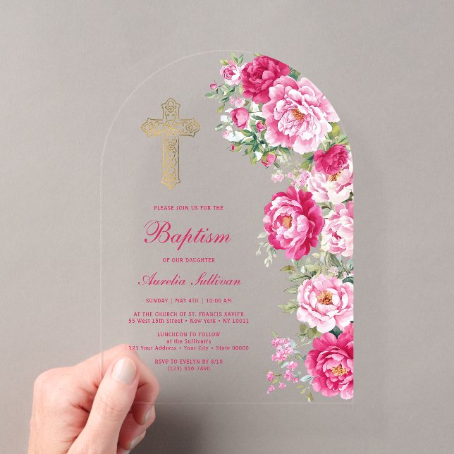 Hot Pink Peonies Arch Baptism Acrylic Invitations (Insitu (Handheld))