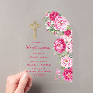 Hot Pink Peonies Arch Confirmation Acrylic Invitations