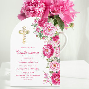Hot Pink Peonies Arch Confirmation Invitation