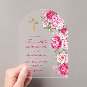 Hot Pink Peonies Arch First Communion Acrylic Invitations