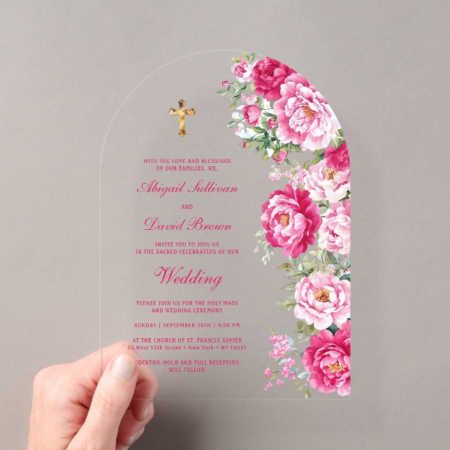 Hot Pink Peonies Arch Religious Wedding Acrylic Invitations (Insitu (Handheld))