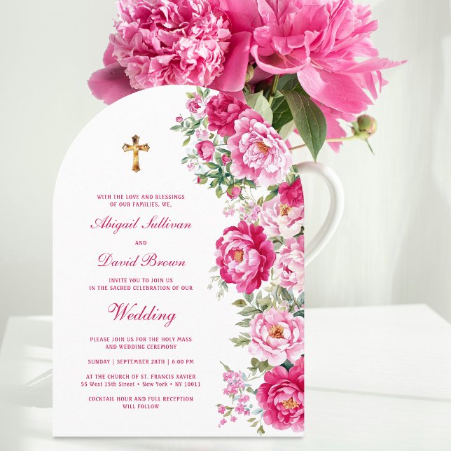 Hot Pink Peonies Arch Religious Wedding Invitation (Creator Uploaded)